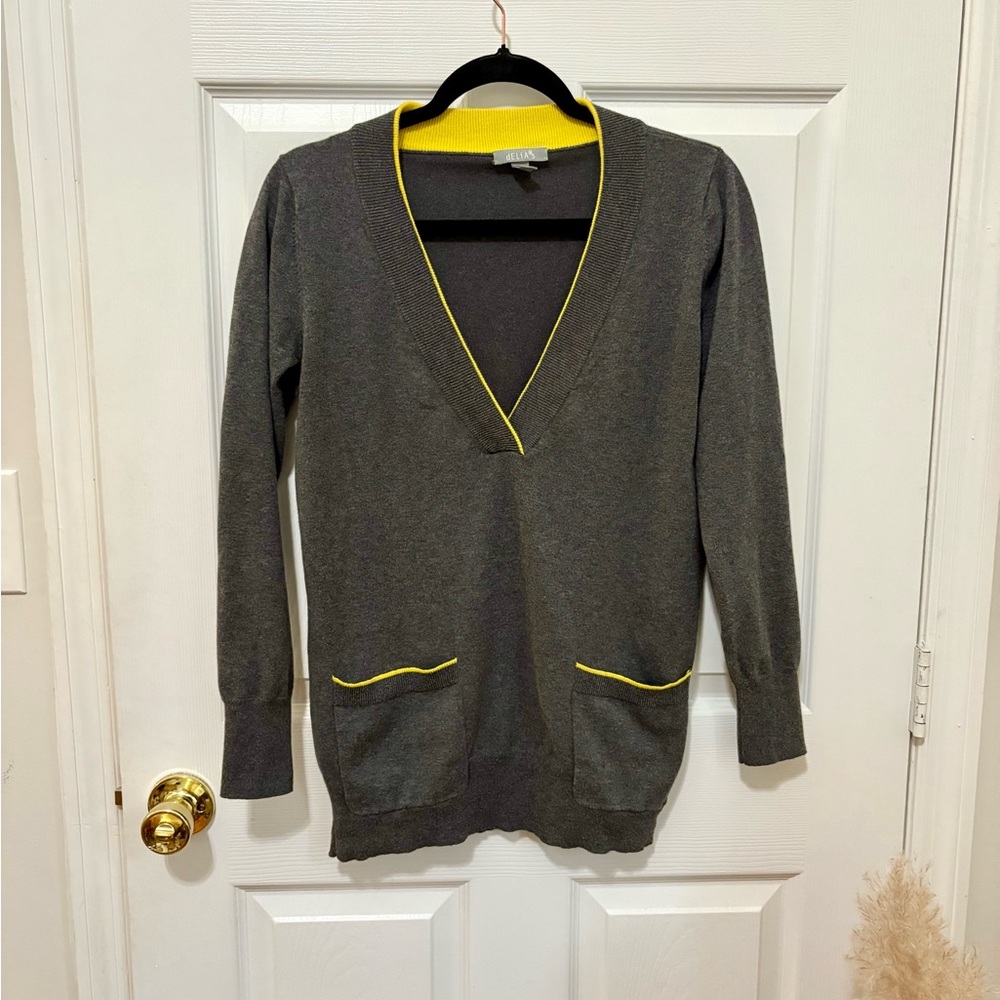 dELiA*s Y2K Long V-Neck Grey Cardigan Sweater w Yellow Details